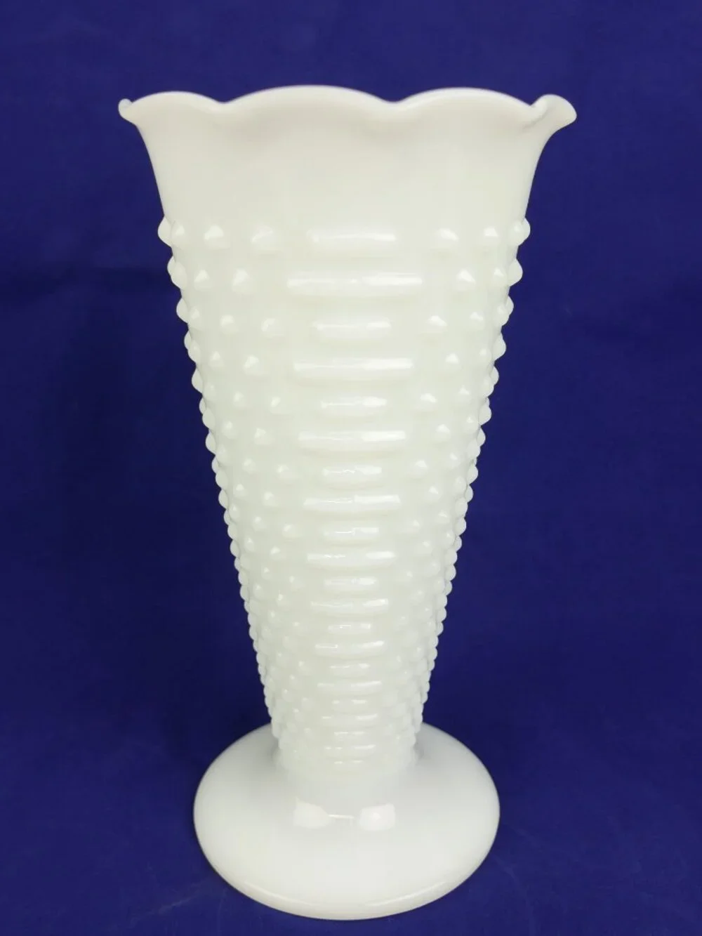 Vintage Anchor Hocking Milk Glass Vase Hobnail Dot & Dash White Scalloped 9